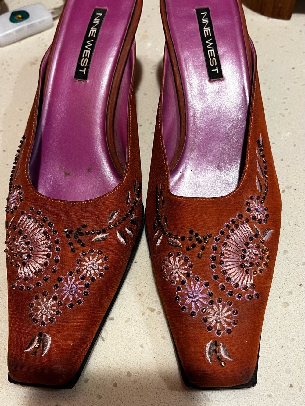 Nine West Rust Embroidered Beaded Mule Heels